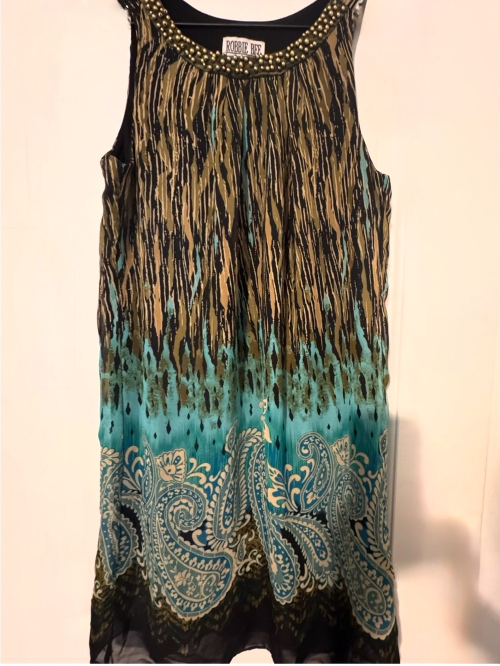 Robbie Bee Black Teal Olive Paisley Midi Dress with Studded Neckline